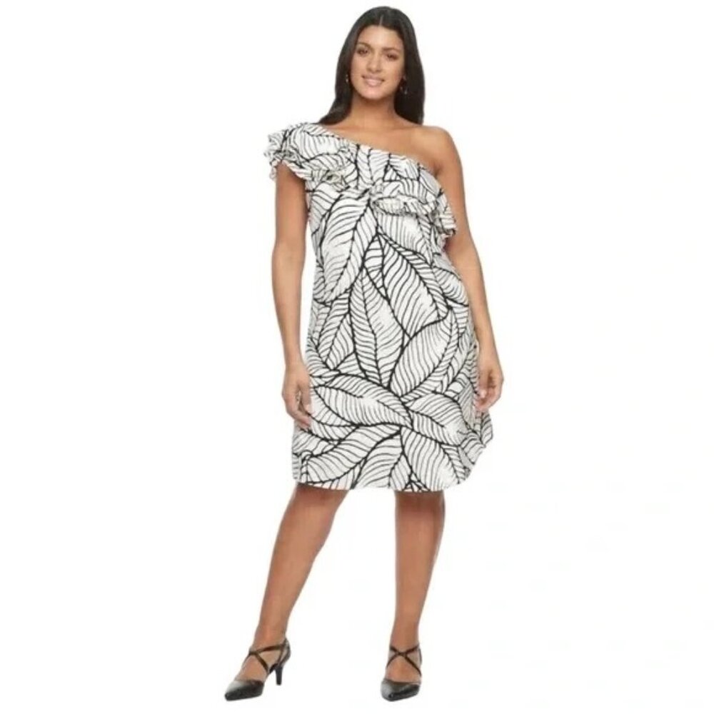 Apt 9 One Shoulder Dress Womens Size Large White Black Ruffle Leaf Print NEW